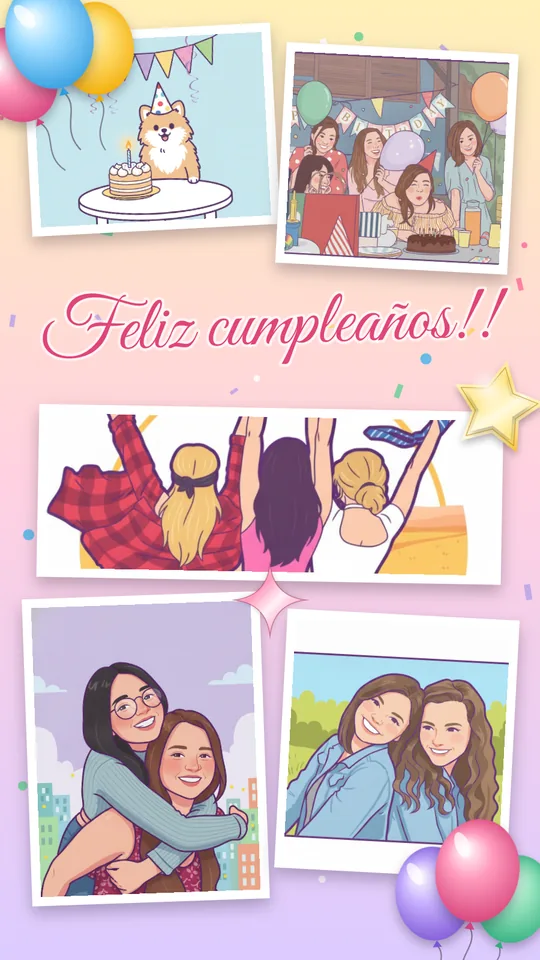 El mismo collage con cada foto convertida en dibujo kawaii